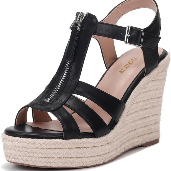 Women's Summer Wedge Sandals Leather Platform Ankle Strap Open Toe